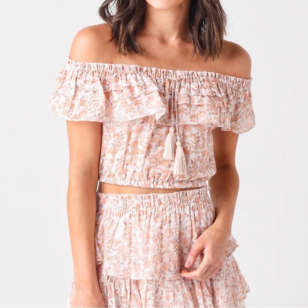 LoveShackFancy Blush Pink Floral Off-Shoulder Crop Top